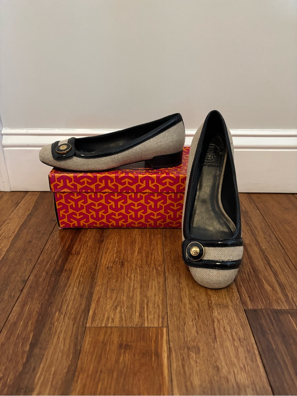 Tory Burch Caryn Flat Beige Fabric and Navy Patent Trim with Gold Button